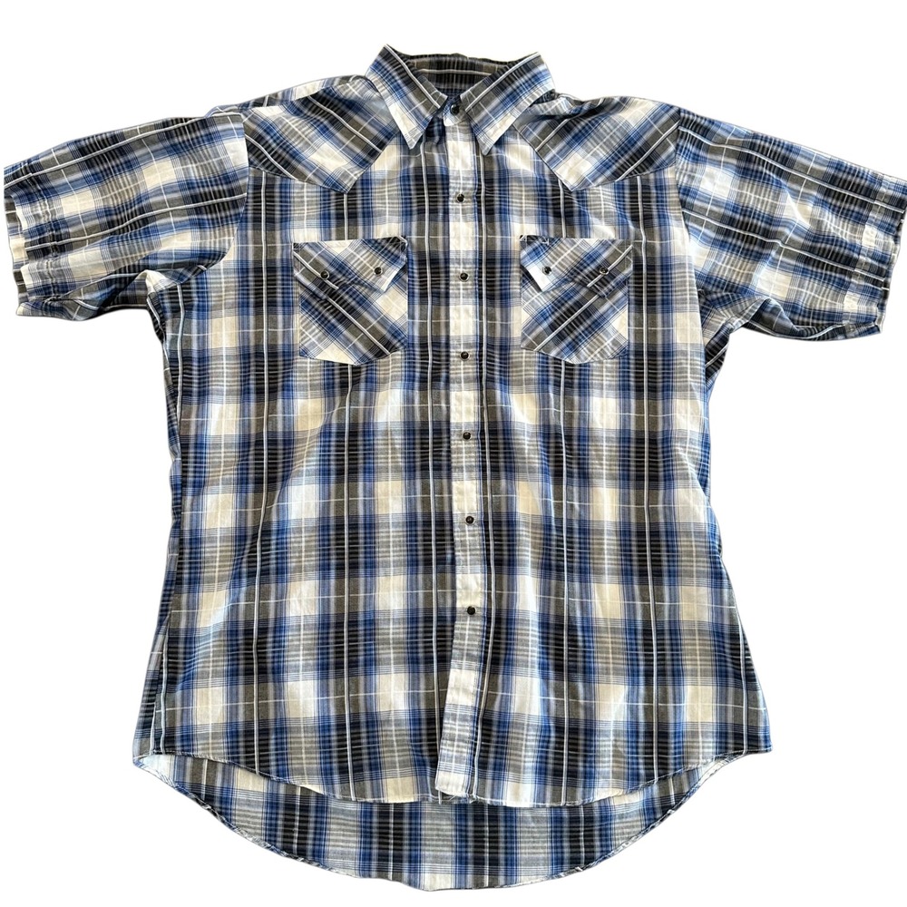 Ely Cattleman Mens Large Blue Plaid Short Sleeve Western Pearl Snap Shirt Rodeo